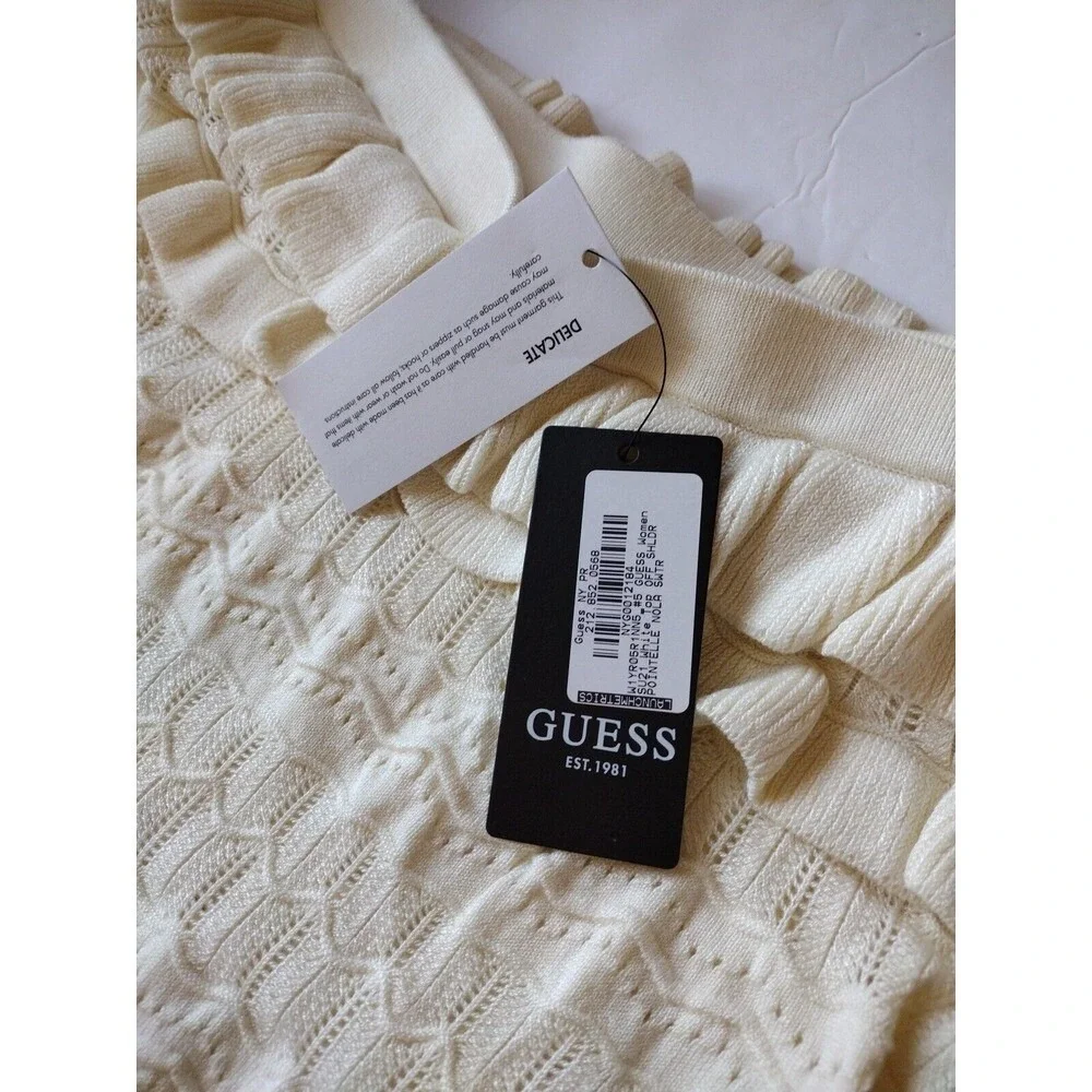 Guess Blouse Women's‎ Small Knit Nola Beige Pointelle Off the Shoulder Sweater - Picture 5 of 10